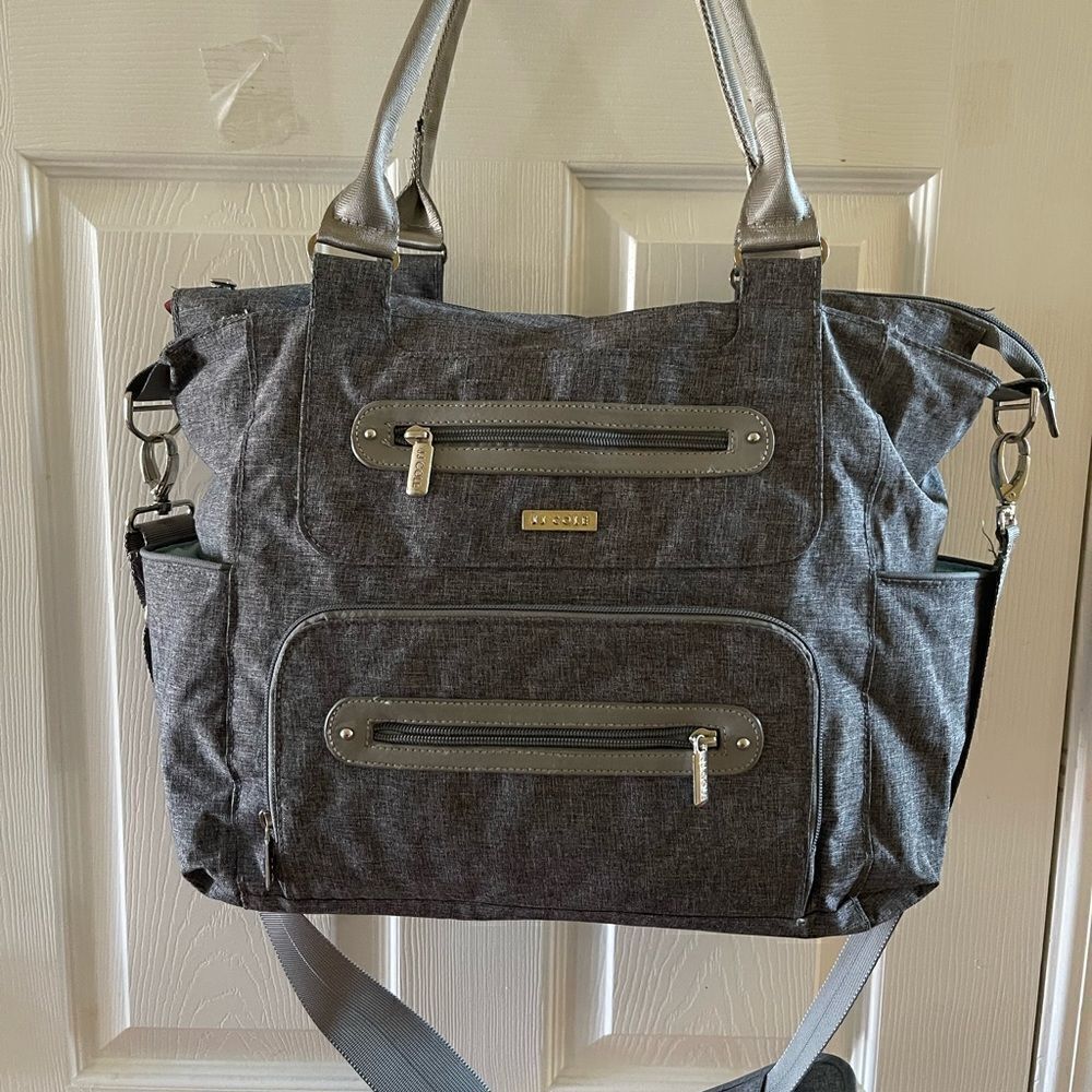 JJ Cole light gray fabric Caprice diaper bag aqua blue lining .